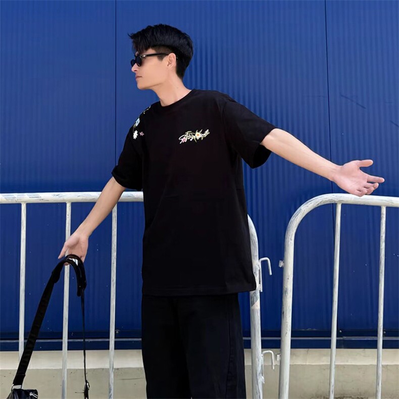 万针全刺绣工艺抖音得物高品质260克重磅纯棉双纱美式高街短袖T恤,男装T恤,电商A486