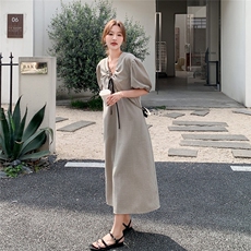 2025夏季新款法式高级感显瘦长裙设计感格子泡泡袖夏装薄款裙子潮，女装连衣裙，浙宝208