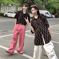 EQ405麦穗印花夏季同色系情侣装夏季沙滩旅游度假短袖衬衫男女，男装衬衫，电商C306-1