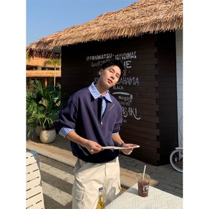 美式潮牌假两件POLO翻领半拉链卫衣男生cleanfit潮流上衣图片