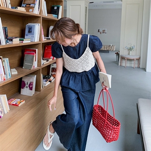 高级感镂空吊带牛仔套装2025新款女夏季甜美小个子减龄穿搭一整套图片