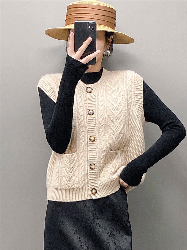 秋季新款针织单排扣马甲时尚百搭，女装针织衫/毛衣，国旺羊绒