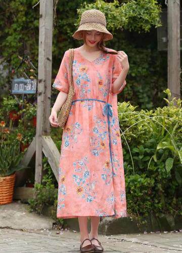 现货2021春夏新款民族风苎麻印花沙滩连衣裙，女装连衣裙，美诗欧 Missorly