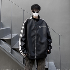 港风秋款男立领皮衣夹克衫条纹拼接工装拉链休闲皮外套JK8231P70，男装夹克，星座1013-1