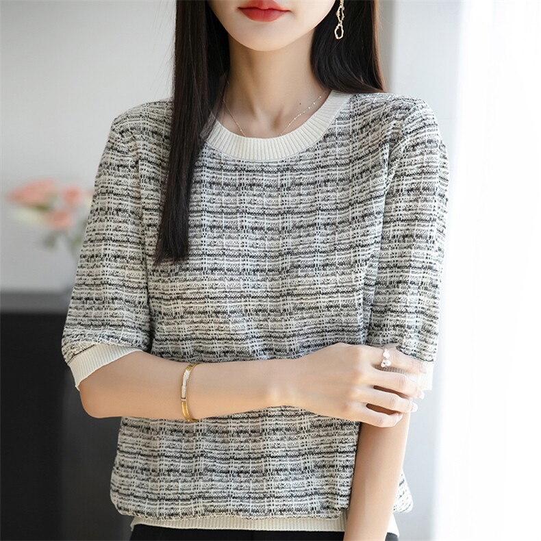 2025新款天丝莱赛尔针织短袖女圆领提花条纹上衣宽松亮丝半袖打底图片