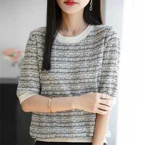 2025新款天丝莱赛尔针织短袖女圆领提花条纹上衣宽松亮丝半袖打底图片