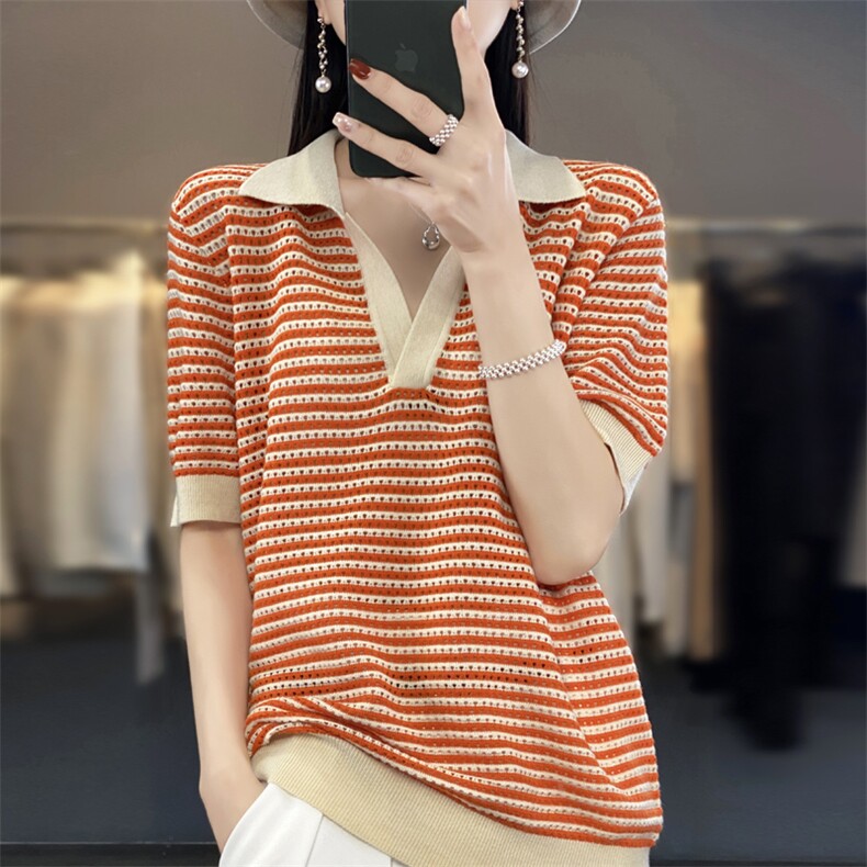 24夏季薄款精纺羊毛衫T恤女宽松POLO领条纹短袖百搭针织半袖上衣,女装T恤,忠诺羊绒