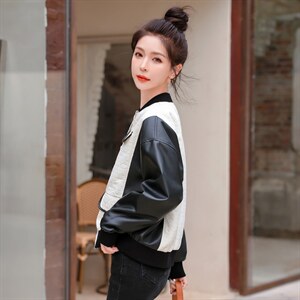 PU皮拼接假两件菱格棒球服女2022秋季新款时尚百搭纯色立领短外套图片