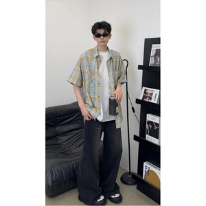 格子衬衫男长袖春秋季复古高街潮牌休闲宽松翻领衬衣 C4068图片