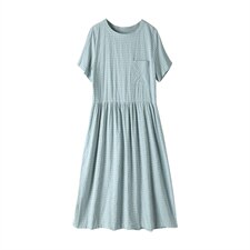 2021年夏季中长款通勤韩版a字裙宽松连衣裙套头圆领短袖格子裙，女装连衣裙，伊满意