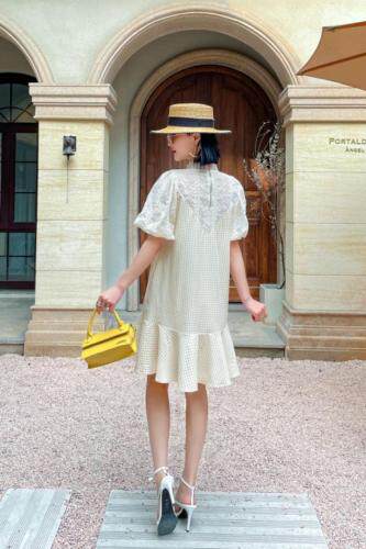 网纱拼格子连衣裙，女装连衣裙，艾梵煕尔