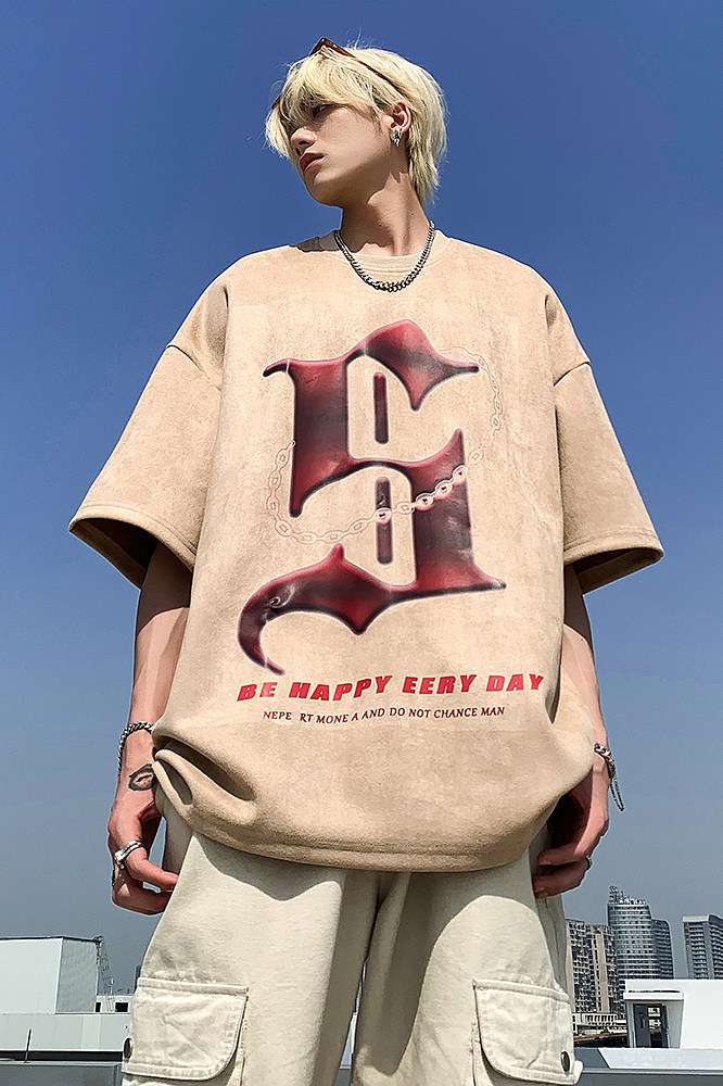麂皮绒美式复古S字母印花短袖潮流宽松T恤jk23280-特p35控48,男装T恤,星座605(原A050)