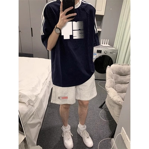 夏季美式高街重磅纯棉三条杠织带撞色男女短袖T恤ZD512-特P30图片