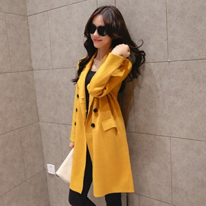 时尚显瘦黄色双排扣长款风衣外套女秋冬季新款气质百搭毛呢大衣,女装风衣,深水步