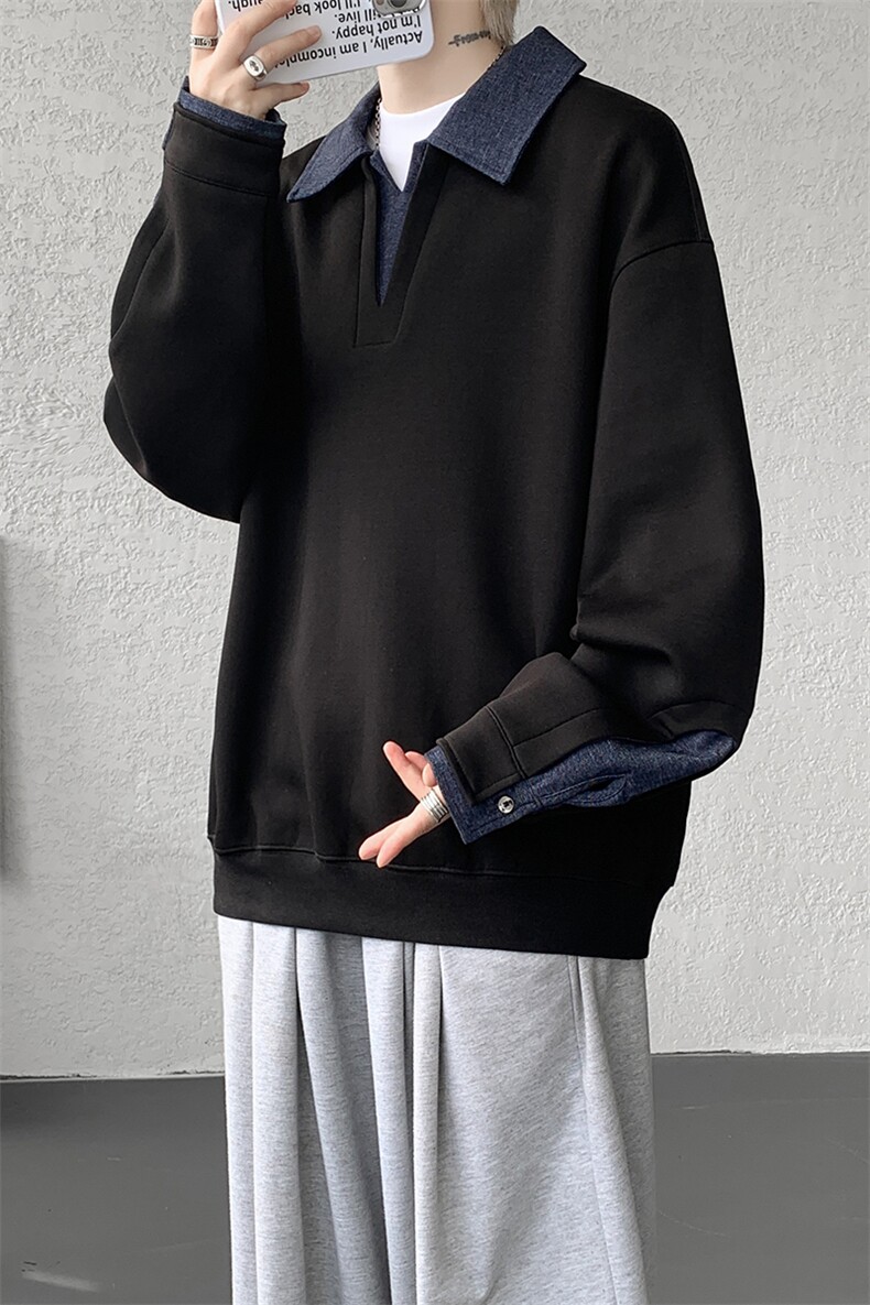 8XL-M美式拼接新款翻领高级感衬衫领运动上衣长袖卫衣男WY26P68,男装衬衫,电商D206-1