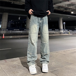 美式高街vibe风直筒长裤欧美痞帅男hiphop复古水洗牛仔裤图片