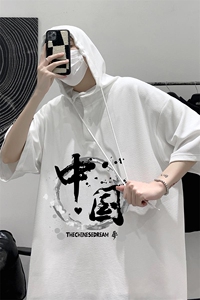 LD54134-P45 连帽短袖t恤男大码胖子带帽五分袖中袖 大皂风图片