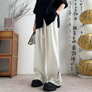 新中式风竹子刺绣潮牌冰丝裤子垂坠感直筒休闲西装长裤夏~X3166图片