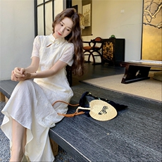 轻国风新中式禅意温柔假两件连衣裙女夏不规则设计感刺绣改良长裙，女装连衣裙，2C129