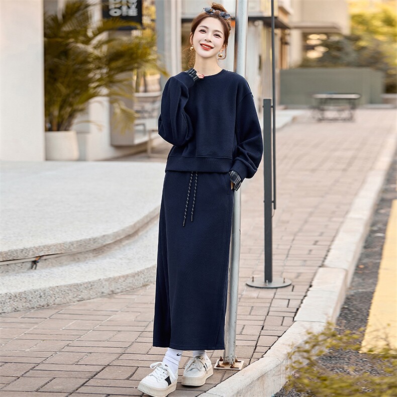 韩版假两件运动风卫衣套装女2025春秋时尚休闲洋气显瘦长裙两件套,女装套装/套裙,姿衣坊