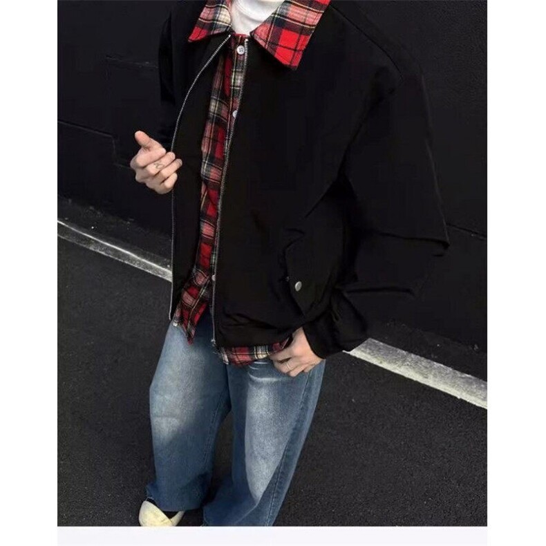 复古格子双面穿拼接翻领夹克ins宽松休闲飞行员工装外套JY6633,男装夹克,星座1116A（原606A-3）