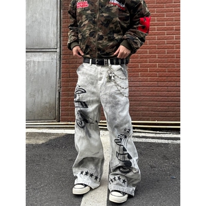 美式街头水洗脏染做旧重工牛仔裤女音符五角星印花阔腿拖地长裤子