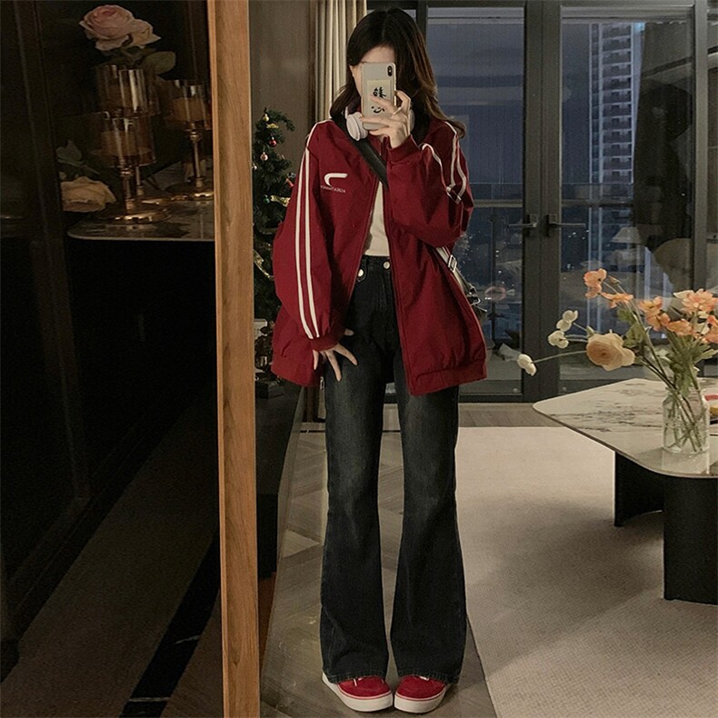A328-P95美式复古条纹棒球服外套春秋新款运动风情侣外套,女装短外套,星座911
