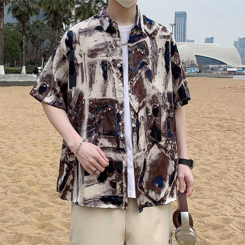 沙滩景宽松港风休闲潮短袖衬衫男装渐变清凉花衬衣7237P40,男装衬衫,电商A056