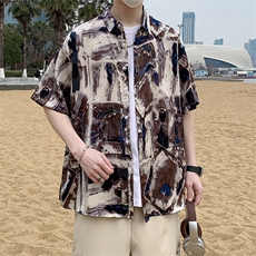 沙滩景宽松港风休闲潮短袖衬衫男装渐变清凉花衬衣7237P40，男装衬衫，电商A056