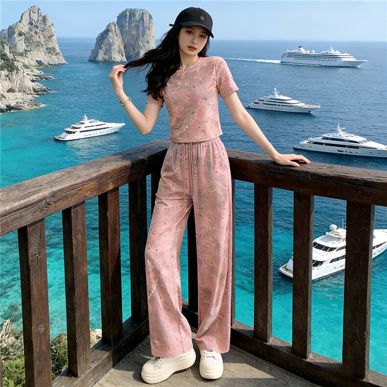 慵懒风通勤休闲运动套装女夏季新款洋气粉色扎染短袖阔腿裤两件套,女装套装/套裙,江南