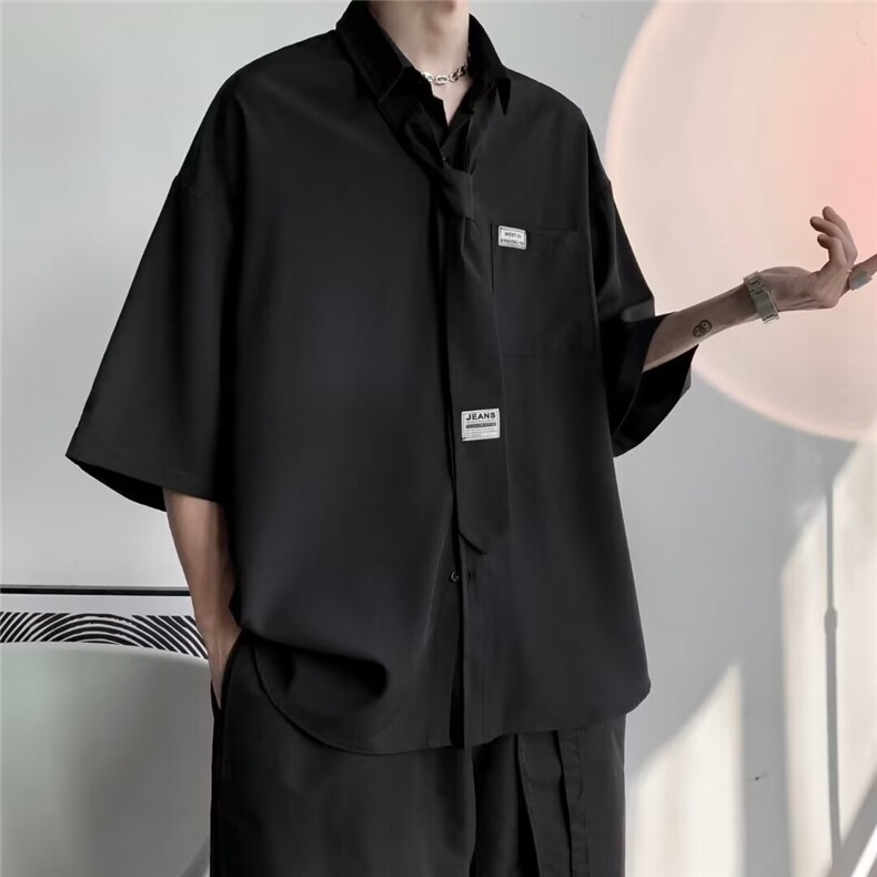 日系复古痞帅衬衫男ins潮牌短袖潮流韩版宽松情侣设计感小众衬衣,男装衬衫,星座1013