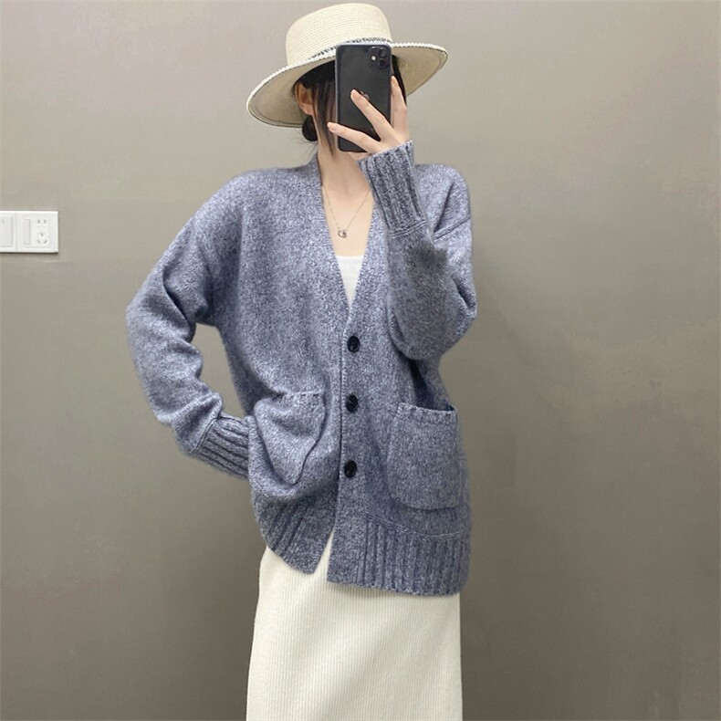 秋冬康赛花纱纯山羊绒开衫女中长款毛衣加厚宽松慵懒V领针织外套，女装羊绒衫，织绒羊