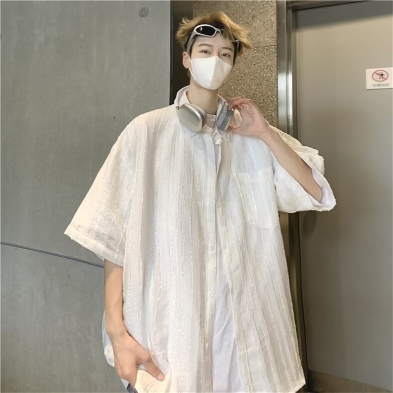 衬衫男装个性慵懒风冰丝提花衬衣2023夏季潮流半袖上衣CS1256-P36,男装衬衫,星座308B-1
