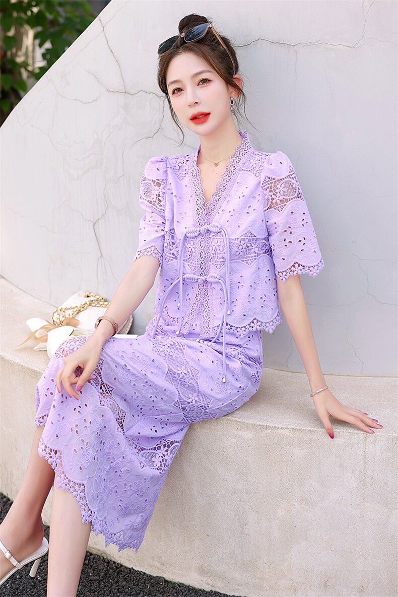 夏季新款优雅气质蕾丝连衣裙修身显瘦时尚套装裙,女装套装/套裙,橙子家