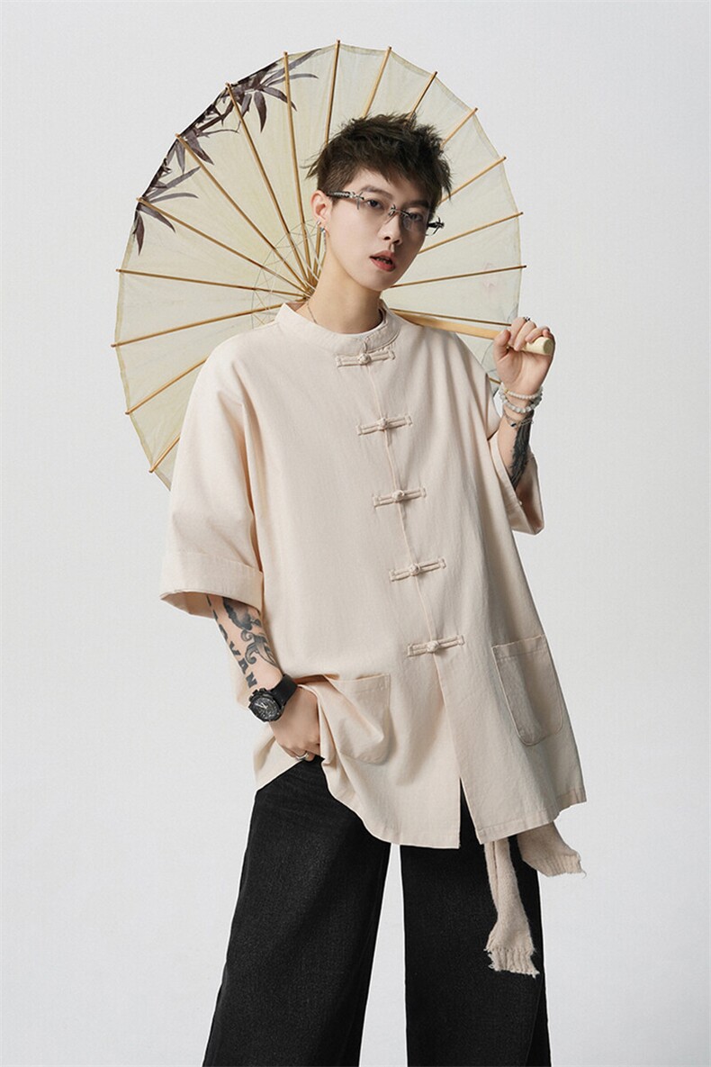 8XL-M新中式衬衫男中山装麻棉风复古中袖衬衣唐装CS527P60,男装衬衫,电商D206-1