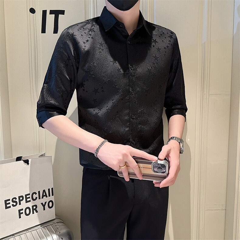 店主风社会小伙男纯色花泡七分袖衬衫男上衣301A-1/CS561/P55,男装衬衫,星座301A-1