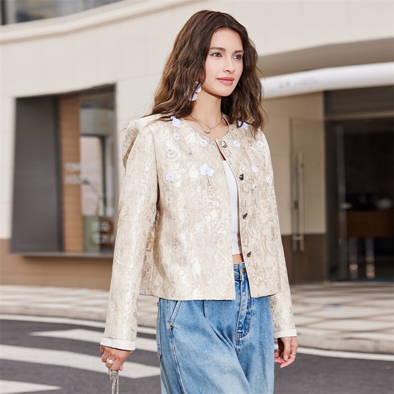 2025春转新款短袖宋锦提花短款法式手工钉珠短款外套,女装短外套,2C091