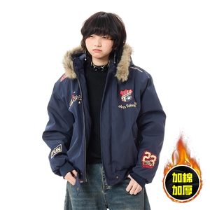 现货高品质美式高街重磅刺绣座山雕大毛毛领棉衣男女加厚棉服外套图片