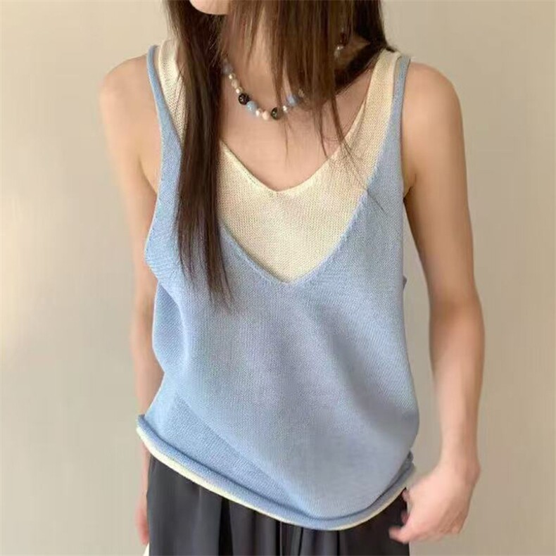 新款v领无袖吊带时尚百搭修身型，女装T恤，锦弘羊绒
