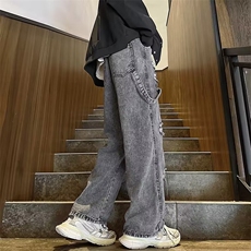 复古破洞牛仔裤男款春季直筒宽松潮牌阔腿美式高街潮流休闲长裤子，男装牛仔裤，星座410-7