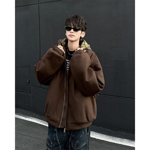 美式假两件工装连帽夹棉棉服复古宽松潮牌保暖外套图片