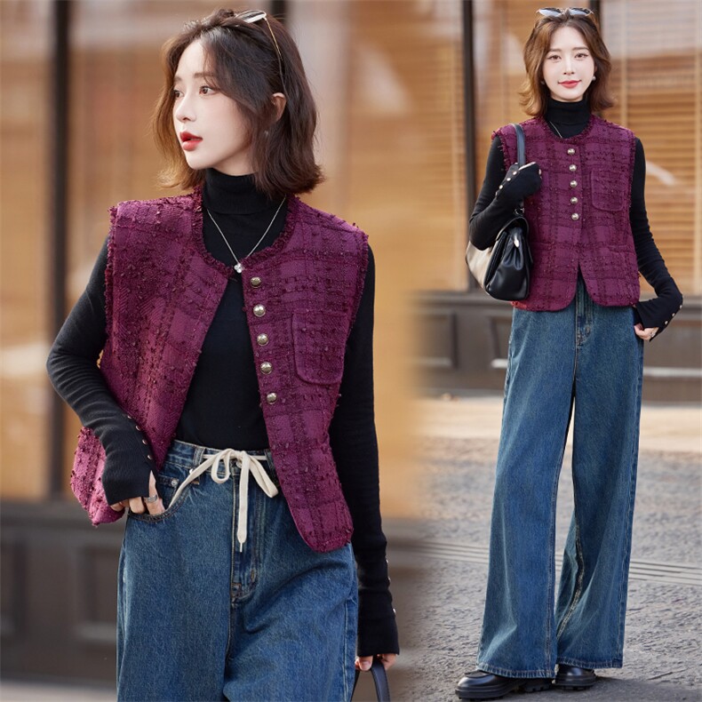 小香风紫色粗花呢马甲上衣2024秋新款欧货时髦无袖坎肩毛边外套女，女装马甲，众宇琦