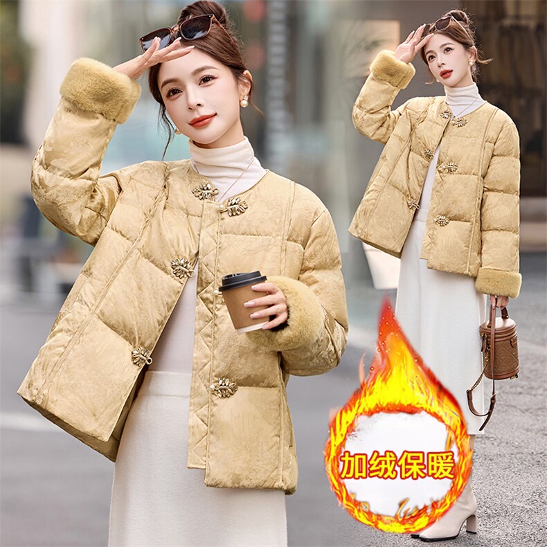 新中式羽绒服女2025冬季新款高级感水貂毛拼接盘扣保暖外套女，女装羽绒服，丽影随形