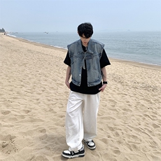 韩版小众解构设计感垫肩水洗牛仔马甲外套男宽松做旧无袖坎肩背心，男装背心/马甲，星座505-2（原电商A260-1)