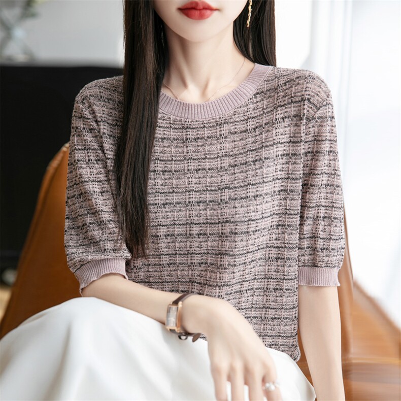 小香风圆领拼色针织衫半袖T恤女2025夏季休闲显瘦轻薄小个子上衣,女装T恤,九嘉羊绒