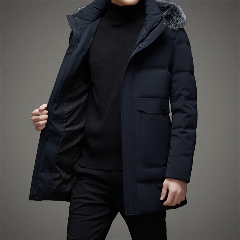 男士中长款连帽羽绒服冬季新款加厚保暖上衣中年男装狐狸毛领外套，男装羽绒服，电商B212（原钱塘6029）