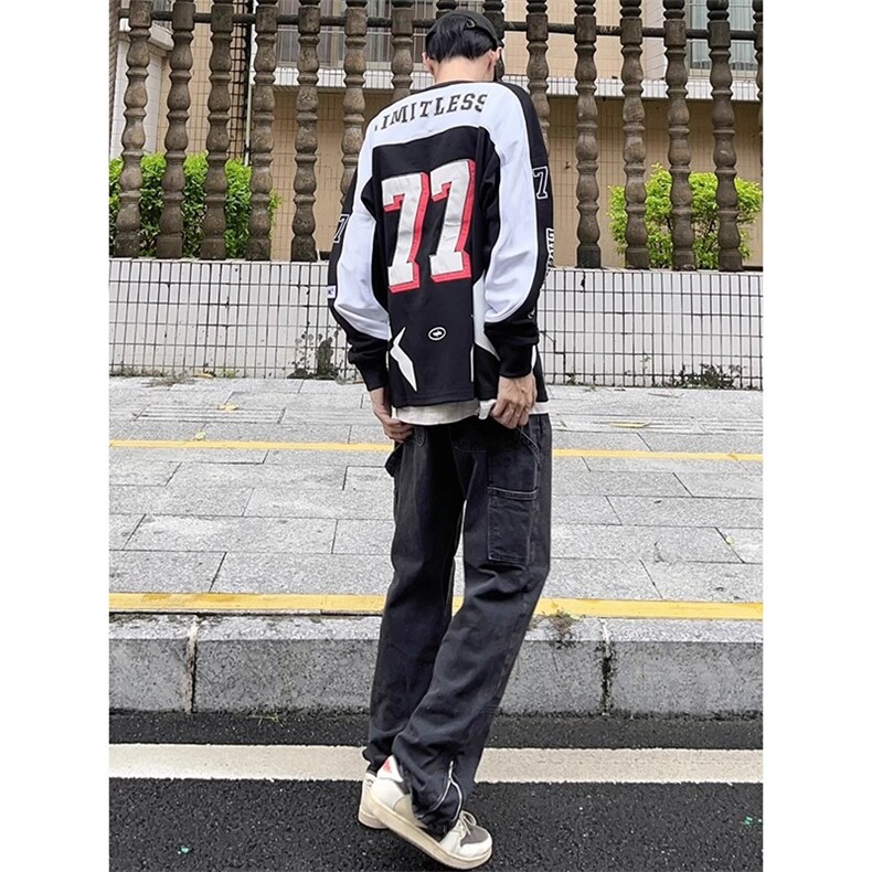 美式重磅硬挺机车服卫衣男春秋撞色拼接无帽衫cleanfit赛车服外套,男装工装外套,四季星座505