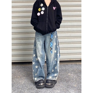 个性小众复古五角星印花牛仔裤男宽松直筒垂坠感阔腿拖地裤图片