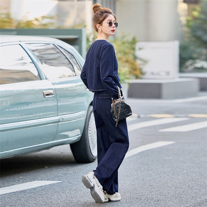 蕾丝拼接牛仔套装女春季2025新款洋气时尚时髦气质阔腿裤两件套,女装套装/套裙,瑶迪依秀