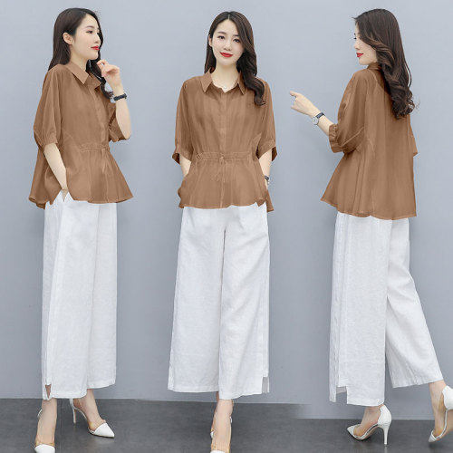 2025棉麻套装女夏季时尚亚麻苎麻减龄复古衬衫女装阔腿裤两件套潮，女装套装/套裙，水衣源